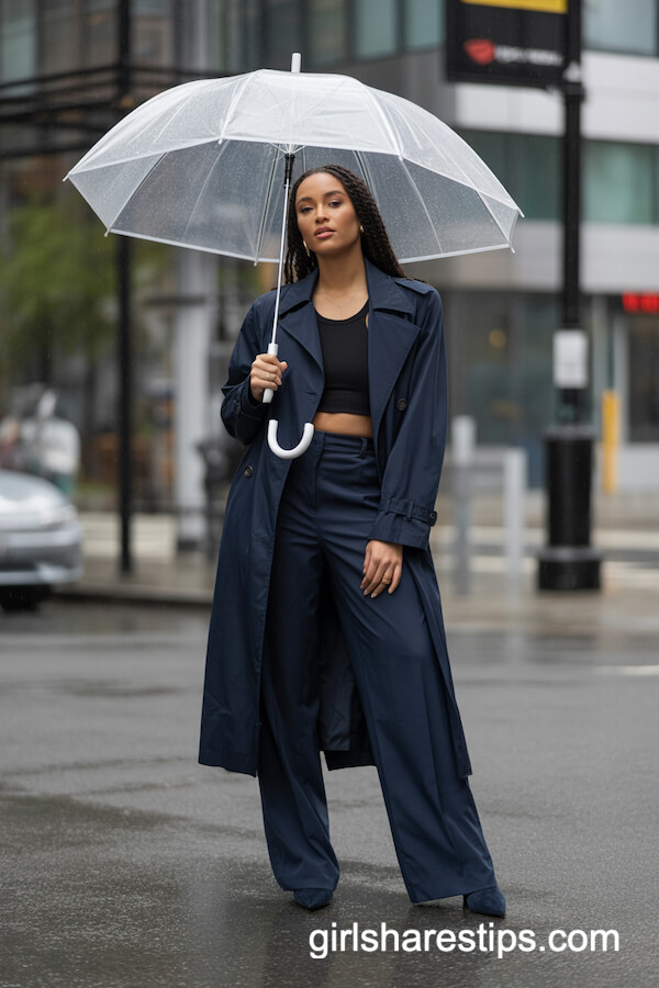 Navy Trench Coat + Wide-Leg Pants + Boots
