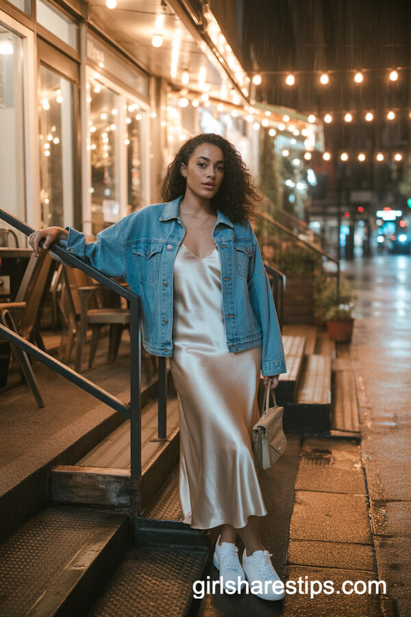 Denim Jacket + Satin Slip Dress + Sneakers