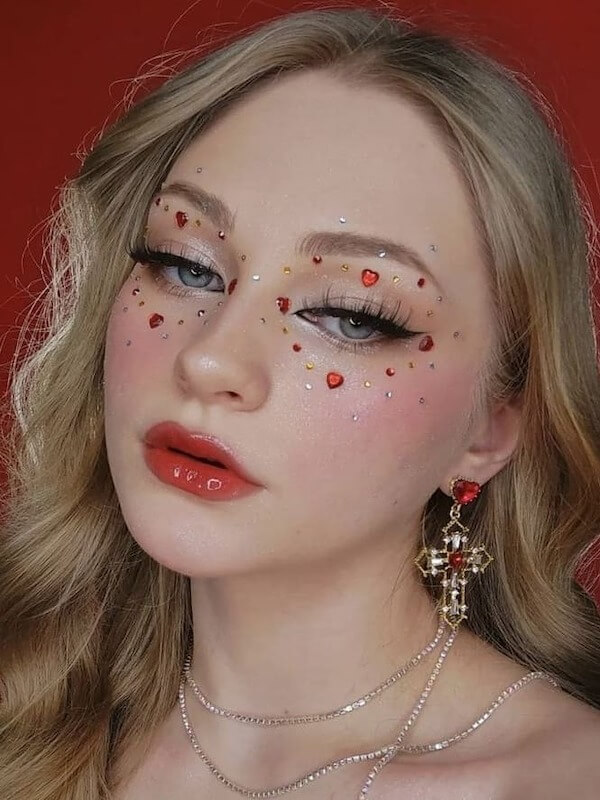 Festive Red Heart Crystal Makeup