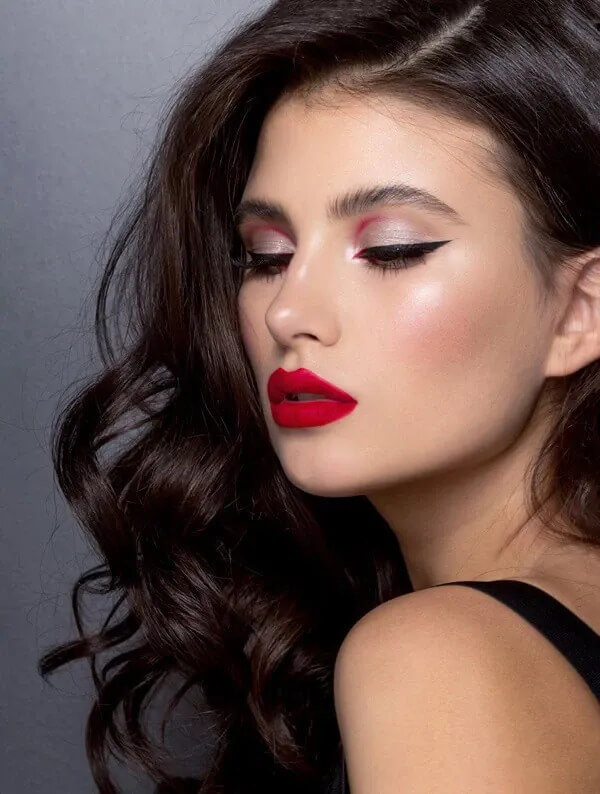 Bold Red Lip and Silver Eyes Makeup