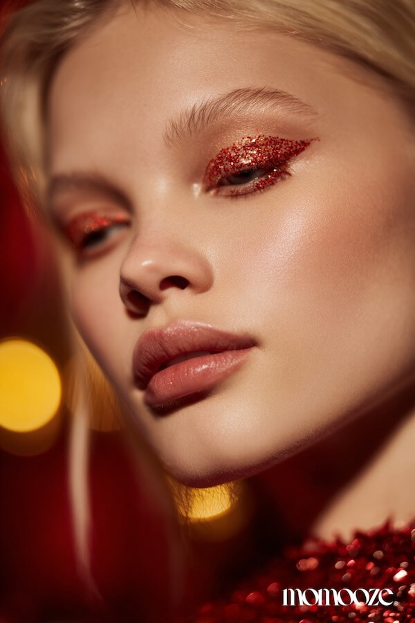 Red Glitter Winged Eyeliner Holiday Makeup