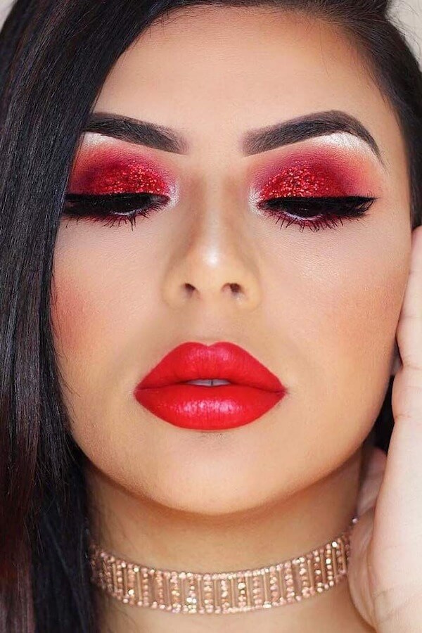 Red Glitter Eyes and Lips Makeup