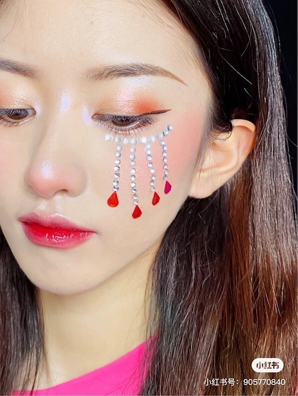 Rhinestone Drop Red Makeup Look