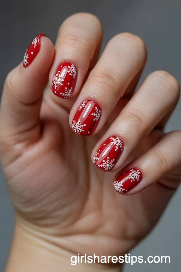 Red Round Nails with Delicate White Snowflakes