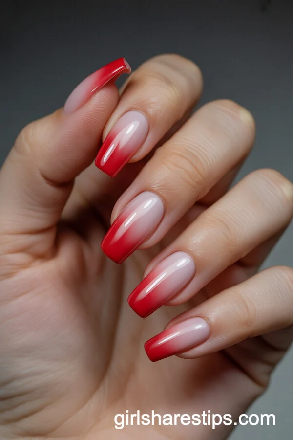Red Ombr&eacute; Coffin Nails for Christmas