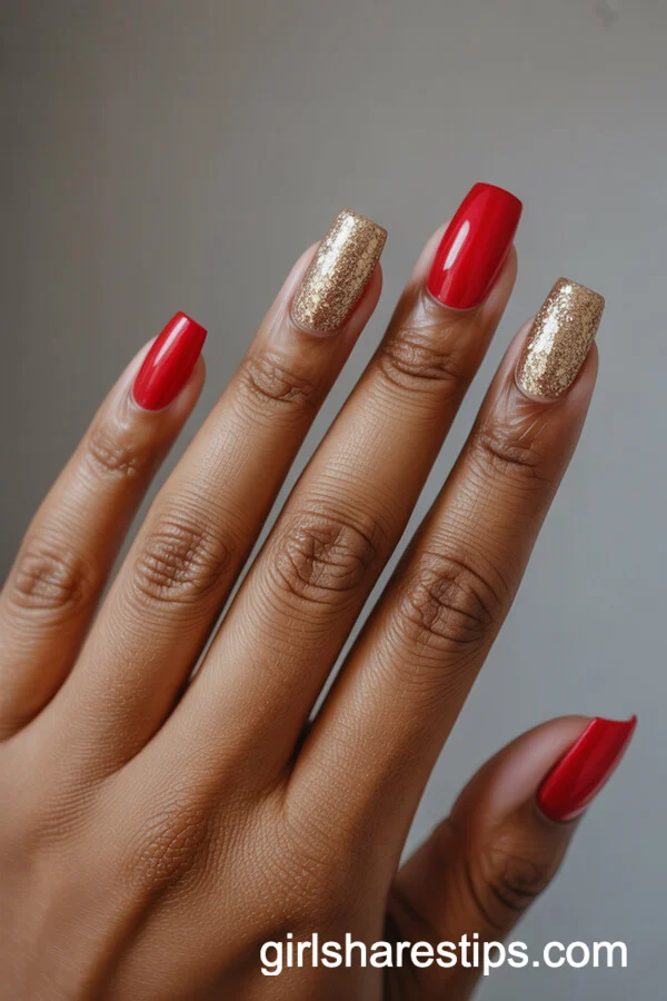 Red Square Nails with Gold Glitter Accent