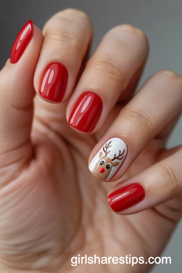 Red Rounded Nails with Rudolph Accent Art