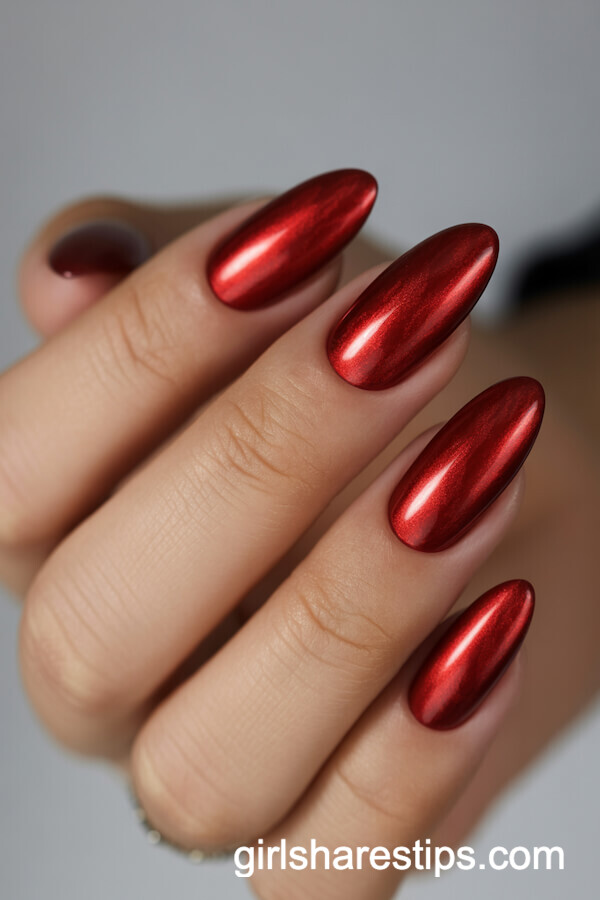 Red Velvet-Effect Almond Nails for Christmas
