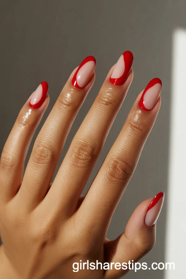 Red Negative Space Oval Christmas Nails