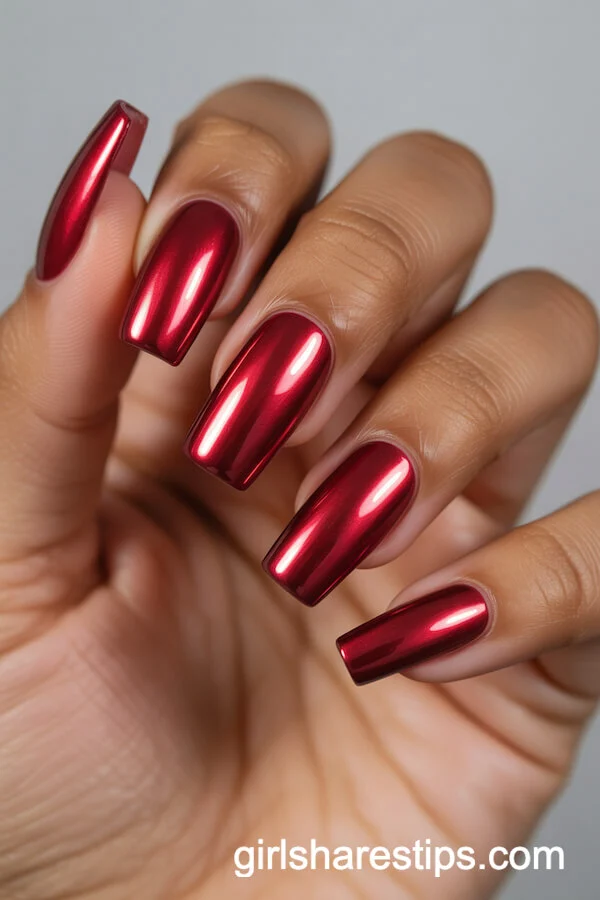 Ruby Red Chrome Coffin Nails