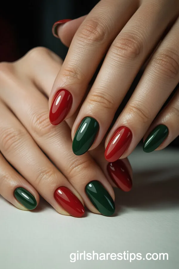 Alternating Red and Green Classic Christmas Nails