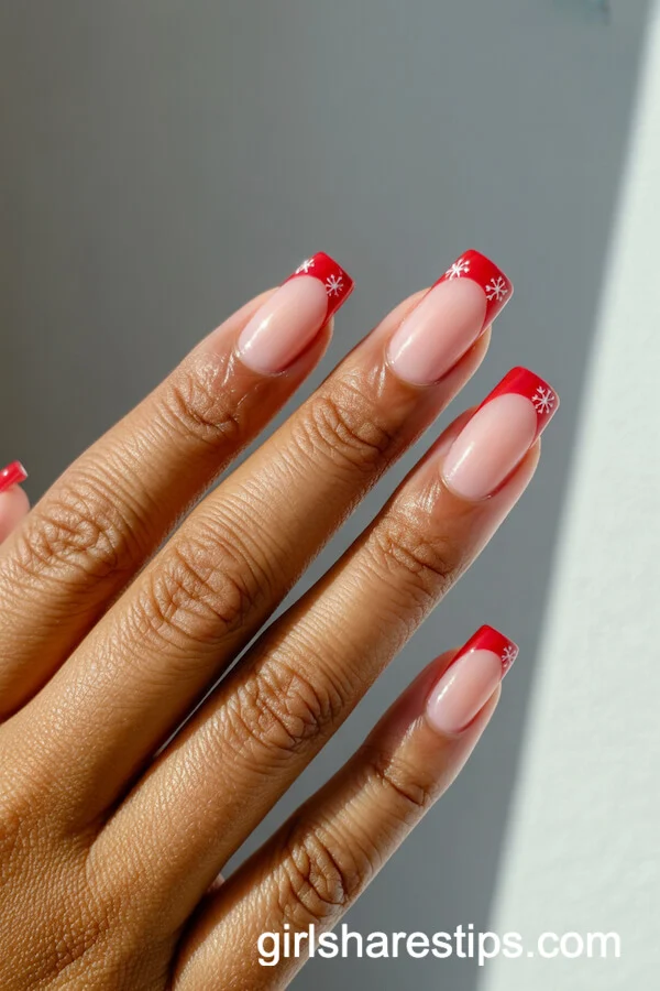 Red French Tip Square Nails with Snowflake Details