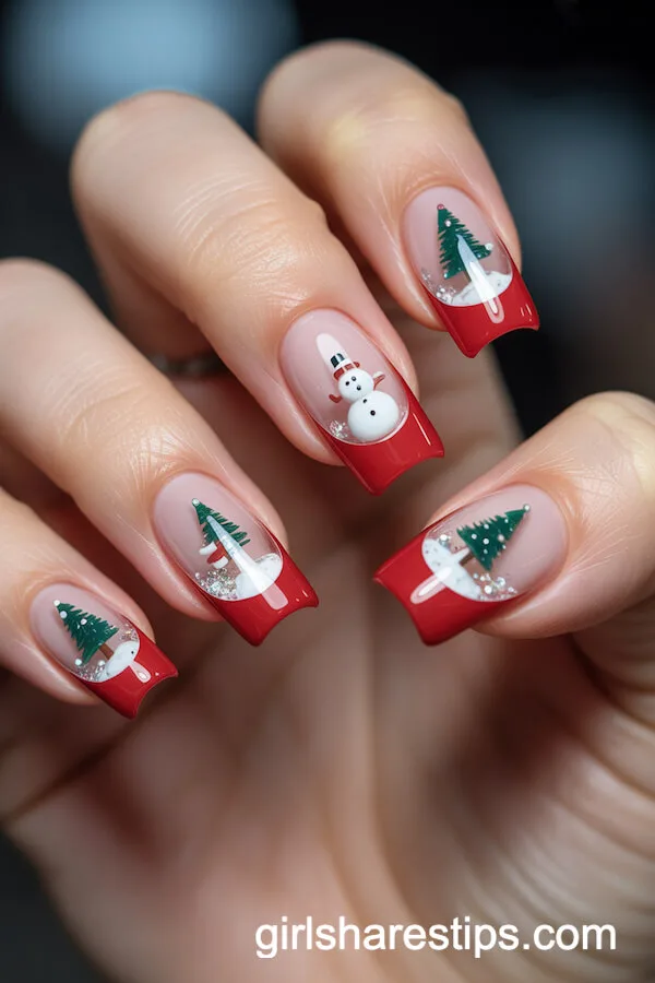 Red Jelly Squoval Nails with Festive Snow Globe Art