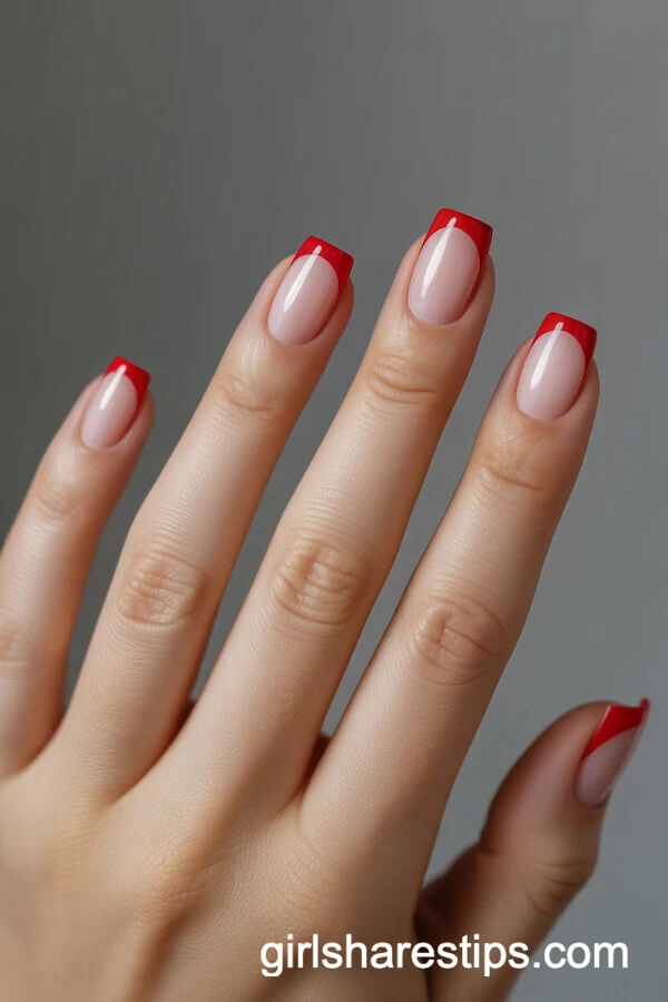 Short Square Red French Tip Christmas Nails
