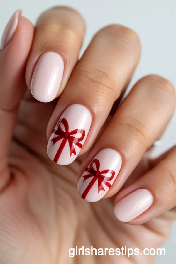 Nude Nails with Red Gift Bow Christmas Art