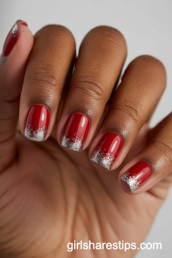 Red Nails with Silver Glitter Cuticle Gradient