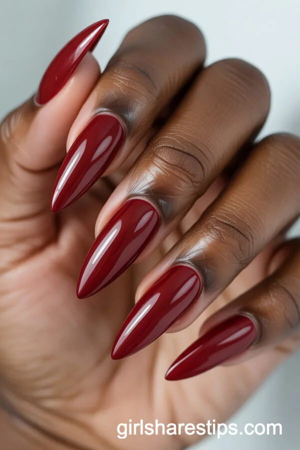 Deep Red Stiletto Nails with High-Gloss Finish
