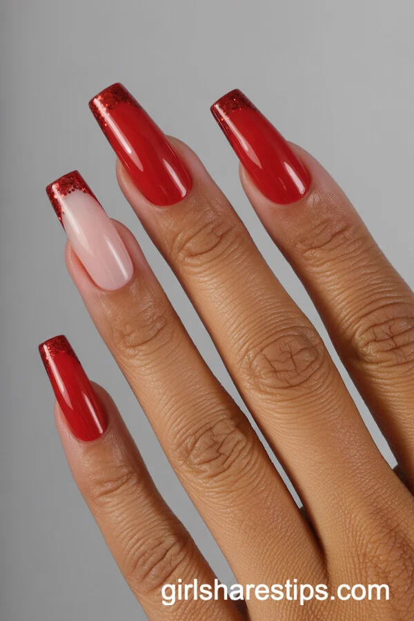 Red Coffin Nails with Festive Glitter Tips