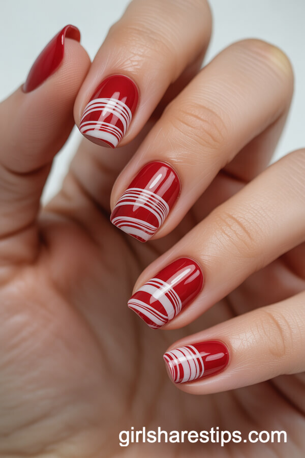 Red Square Nails with Swirled Candy Cane Stripes