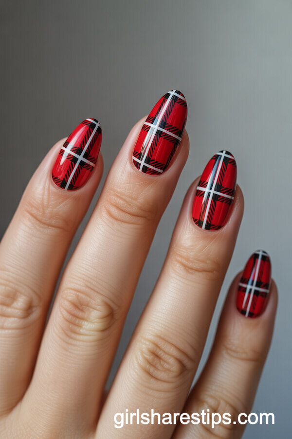 Red Tartan Plaid Almond Christmas Nails