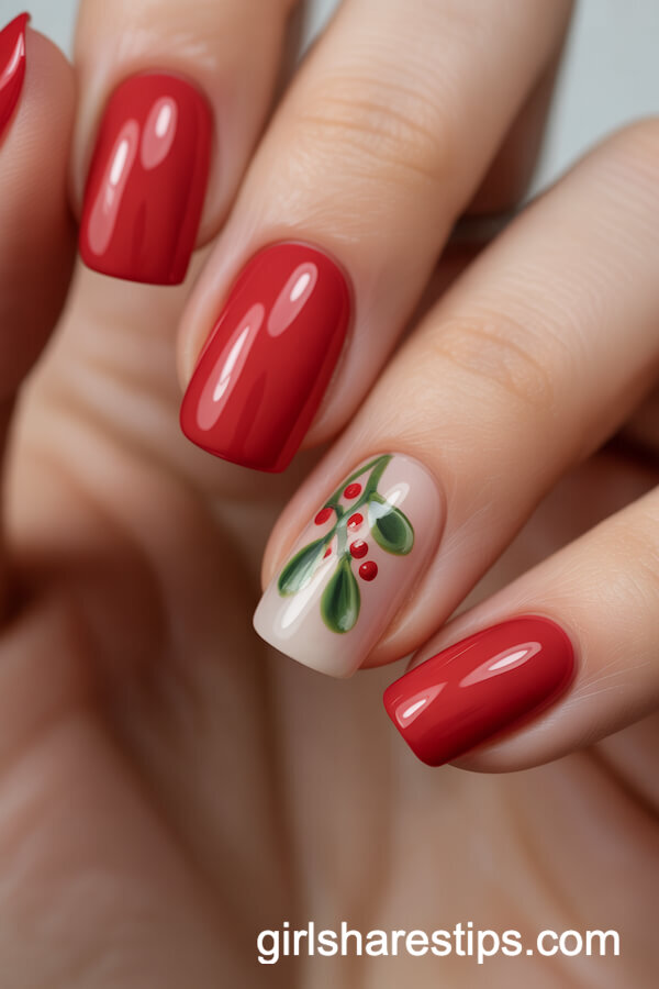 Red Nails with Mistletoe Accent Nail Art