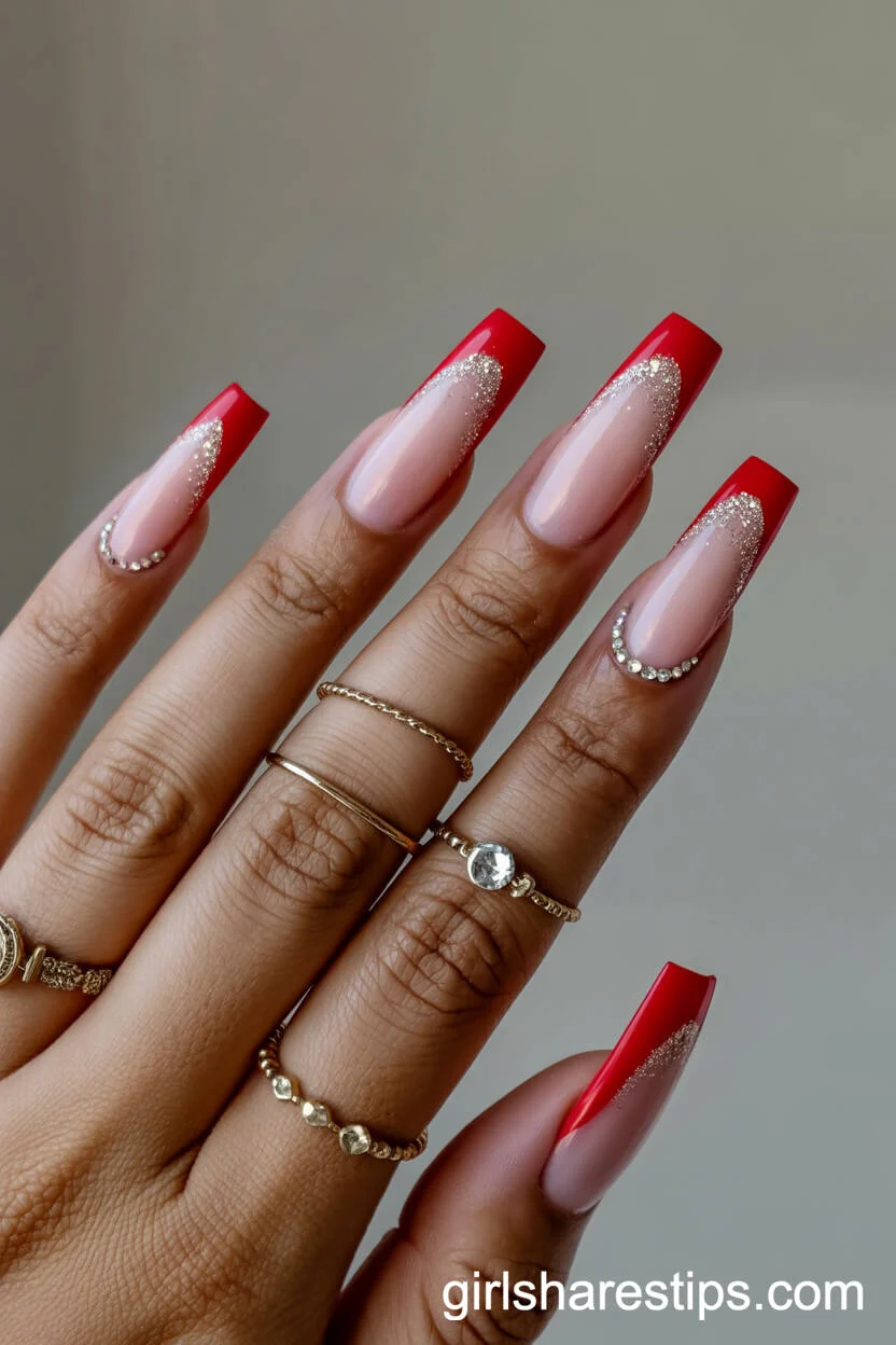 Coffin Nails with Scarlet Red Crystal French Tips and Rhinestone Lining