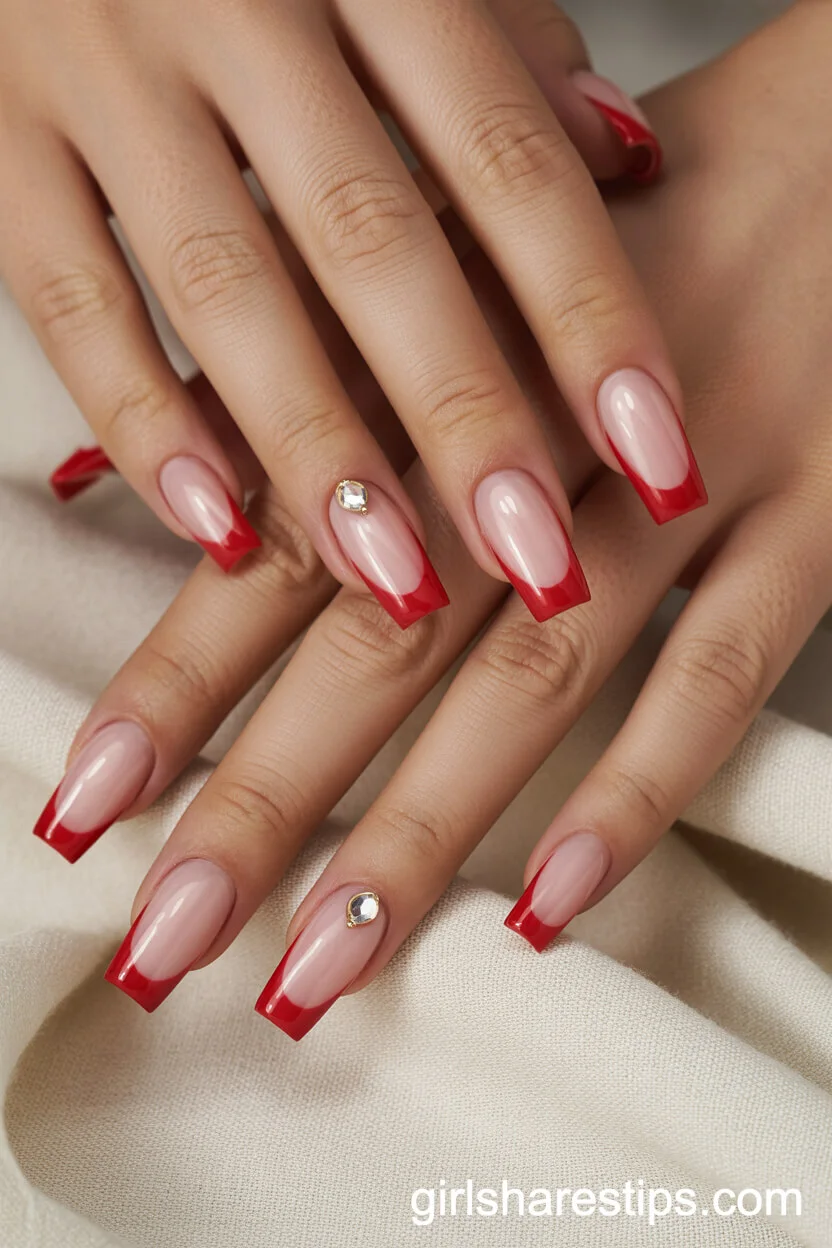 Coffin Nails with Marbled Red and Blush French Tips