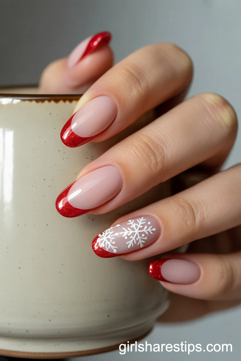 Almond Nails with Red Glitter Gradient French Tips and Snowflakes