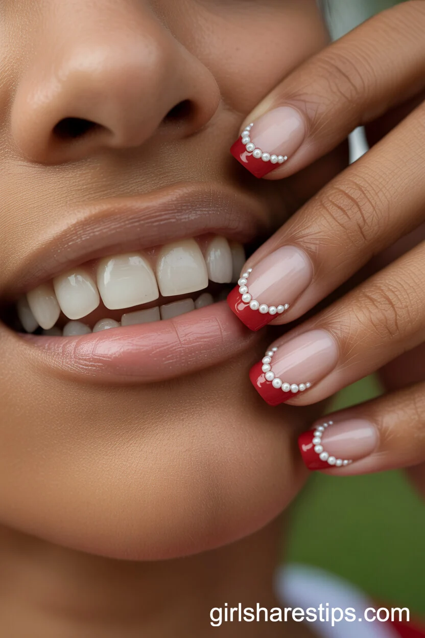 Round Nails with Red French Tips and Pearl Bead Detailing
