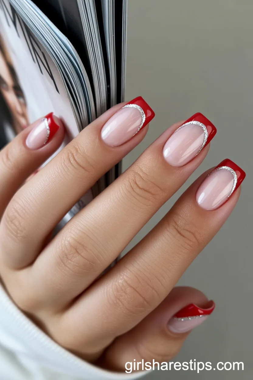 Squoval Nails with Double-Edged Silver Glitter Red French Tips