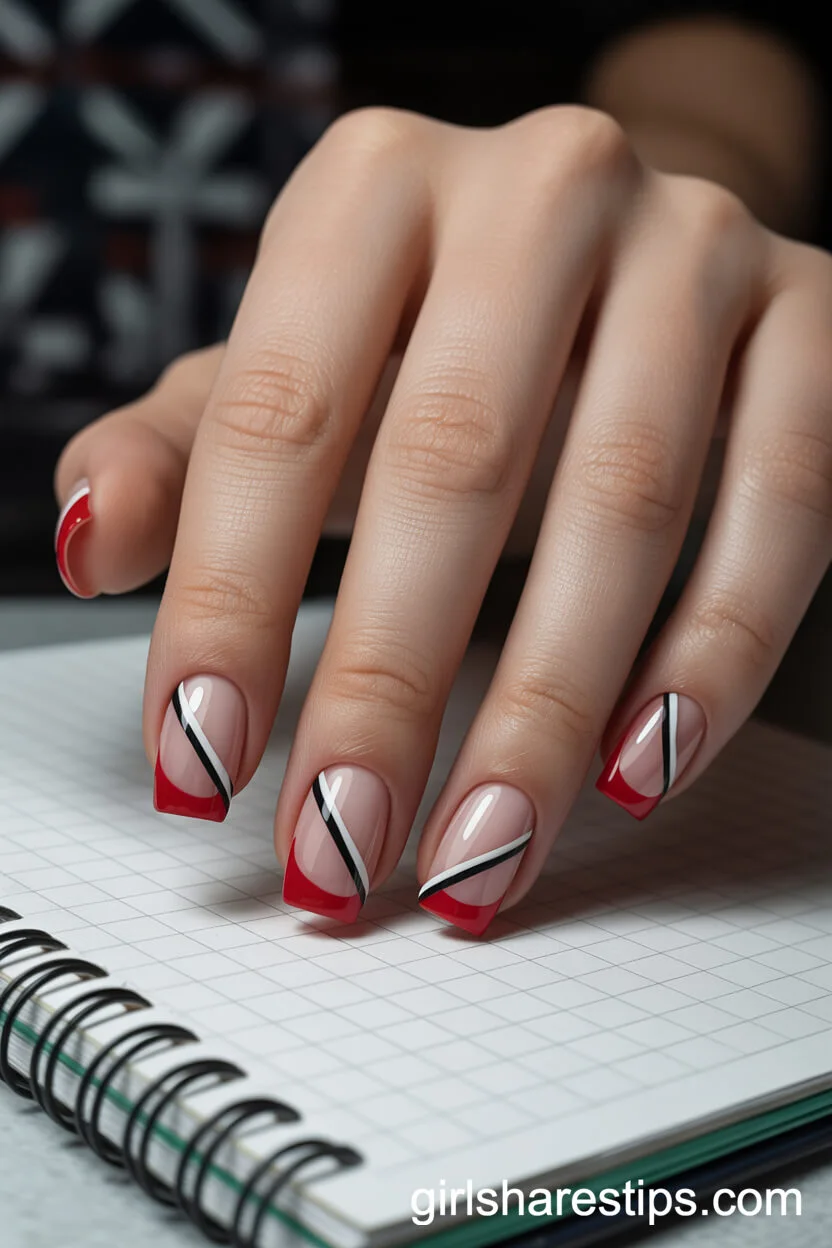 Square Nails with Diagonal Red French Tips and Striped Dividers