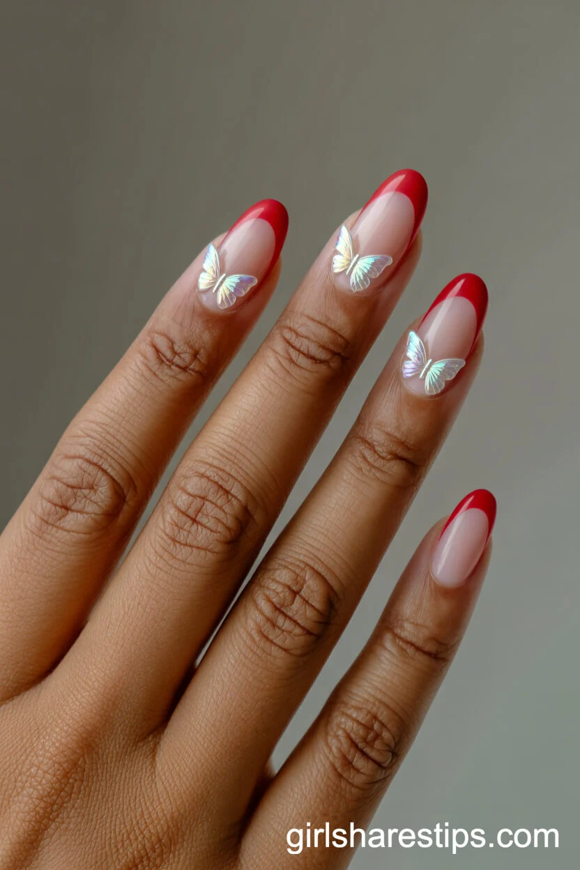 Red French Tips with Iridescent Butterfly Accents on Oval Nails