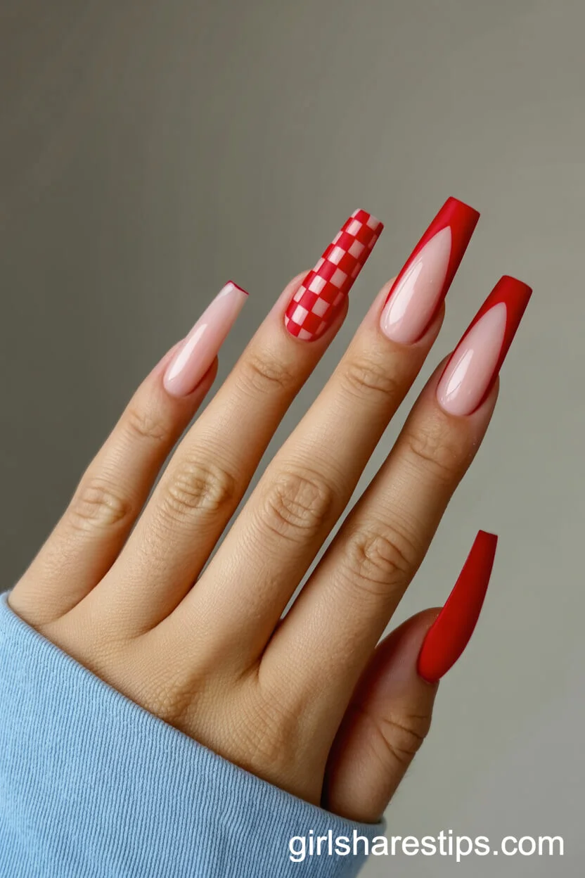 Coffin Nails with Matte and Glossy Red Checkerboard French Tips