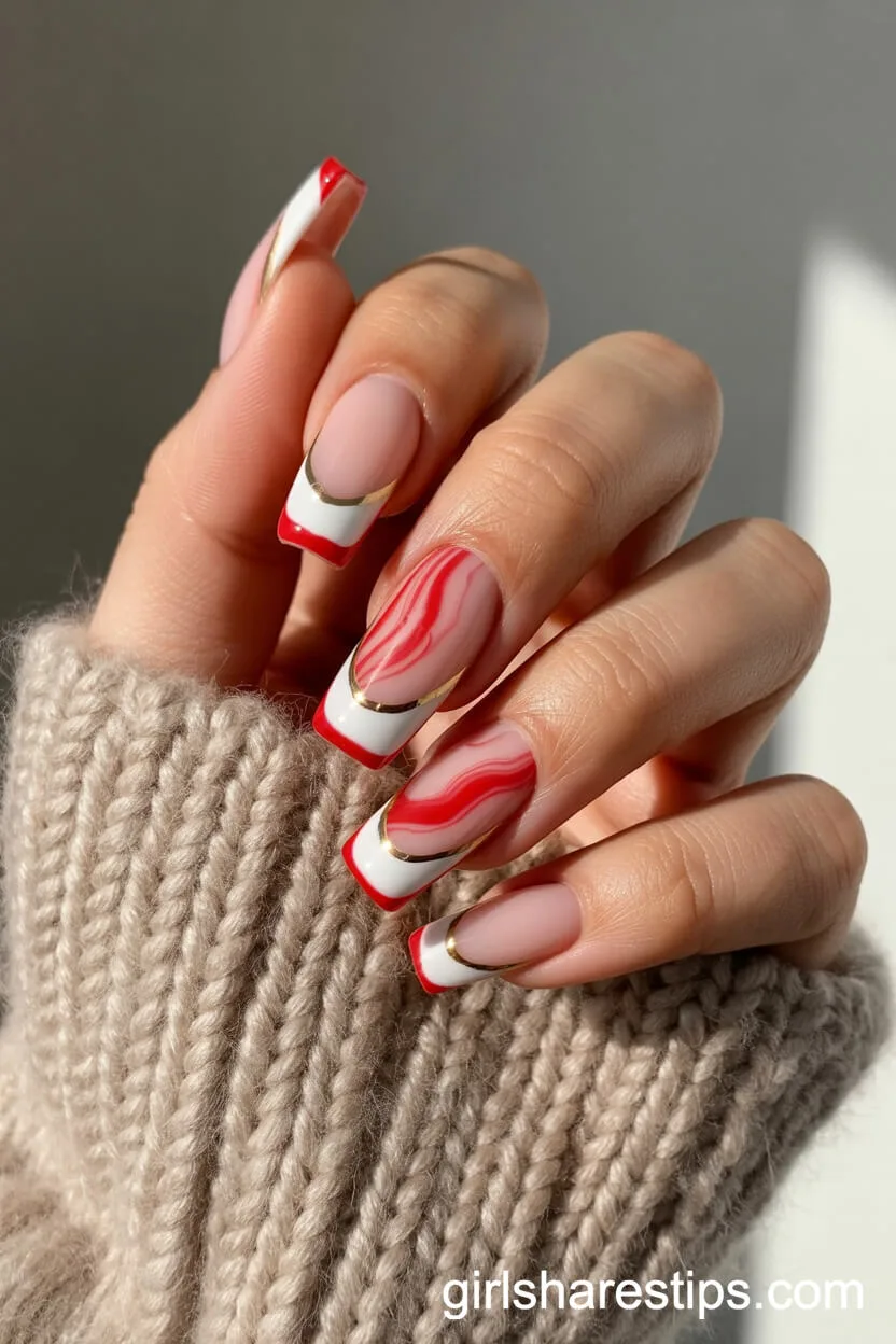 Coffin Nails with Marble Red-and-White French Tips Outlined in Gold