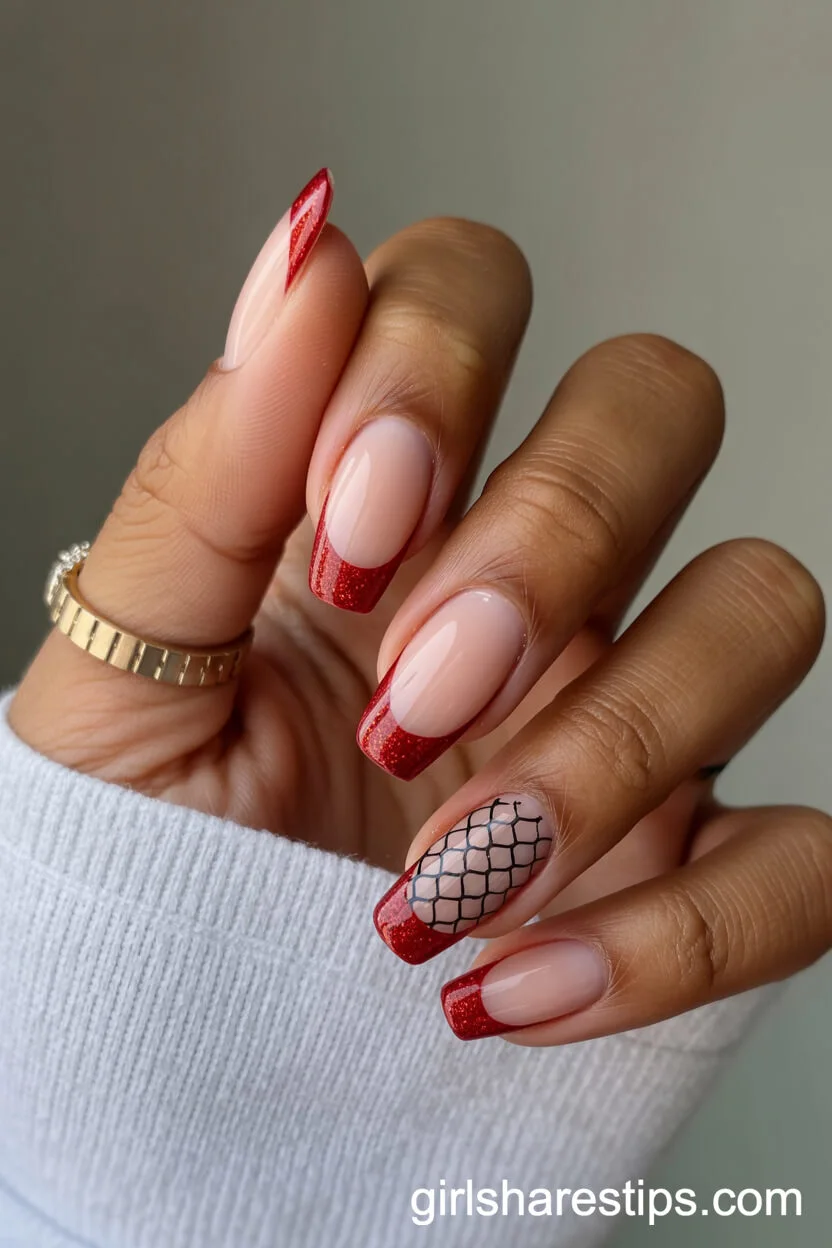 Almond Nails with Glitter Red French Tips and Fishnet Overlay