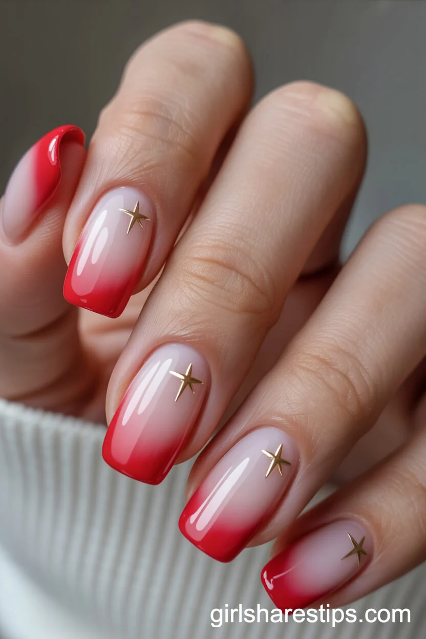 Squoval Red Ombre French Tips with Gold Star Accents