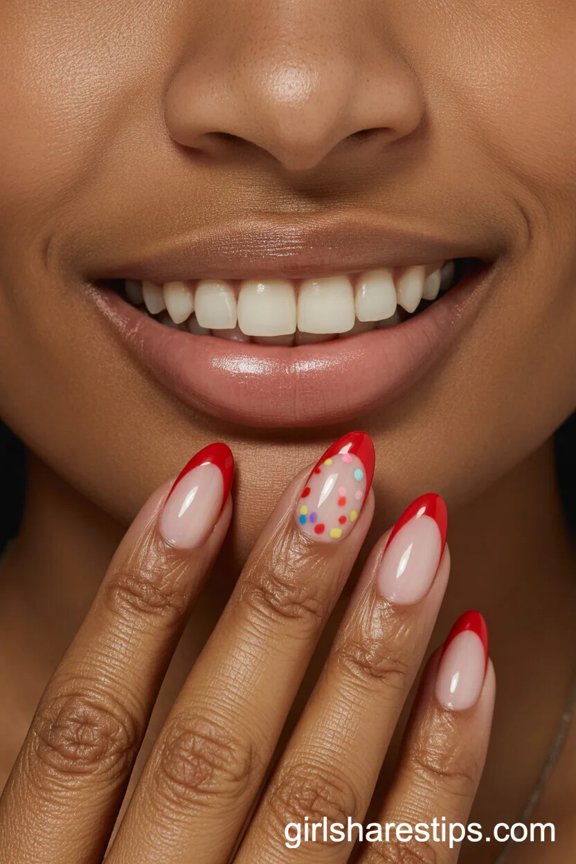 Almond Nails with Red French Tips and Confetti Smile Line