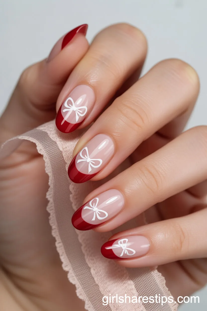 Almond Nails with Classic Red French Tips and Hand-Painted White Bows