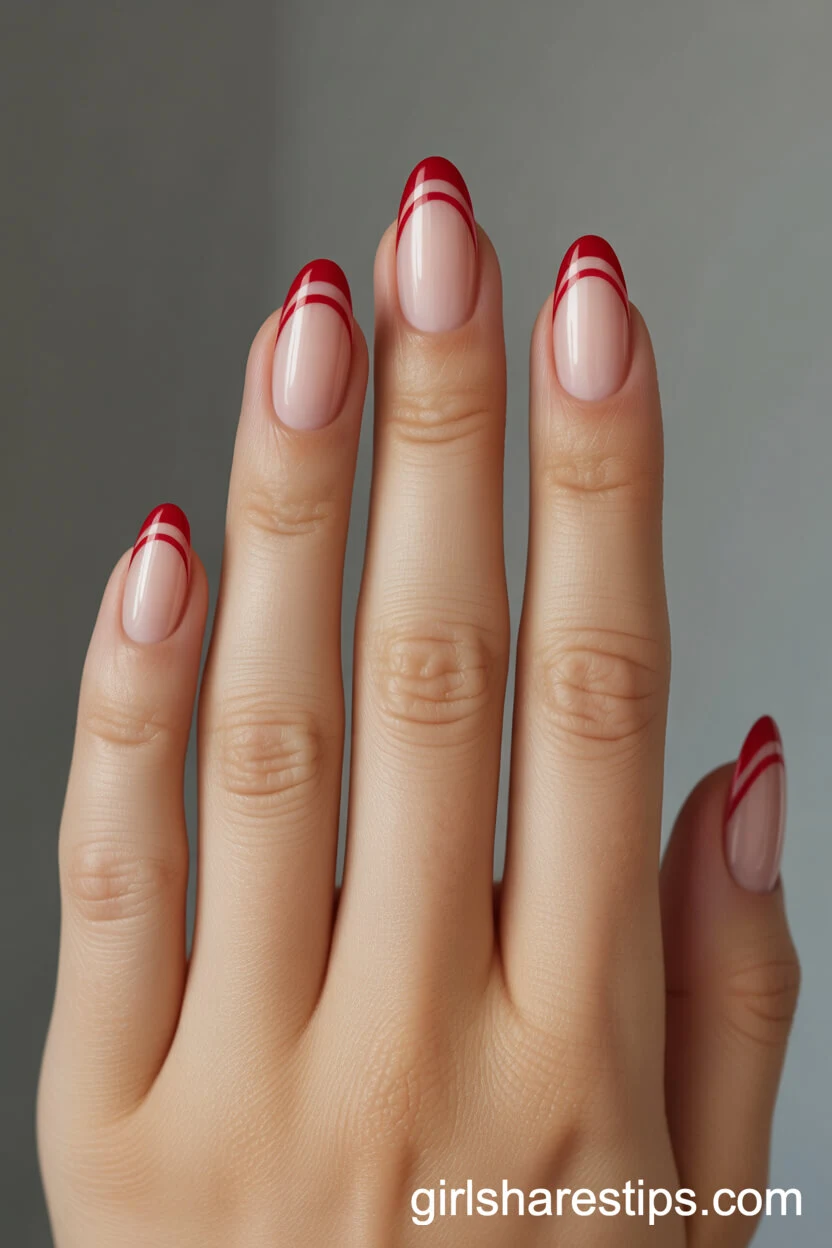 Double Red French Tips on Nude Oval Nails