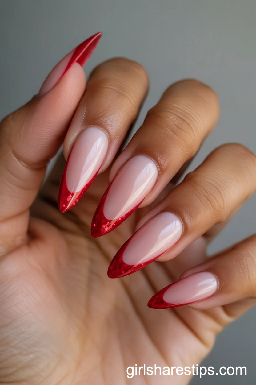 Stiletto Red Ombre French Fade with Glitter Accents