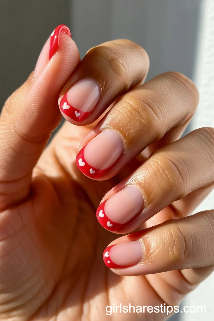 Red French Tips with Mini White Hearts on Short Round Nails