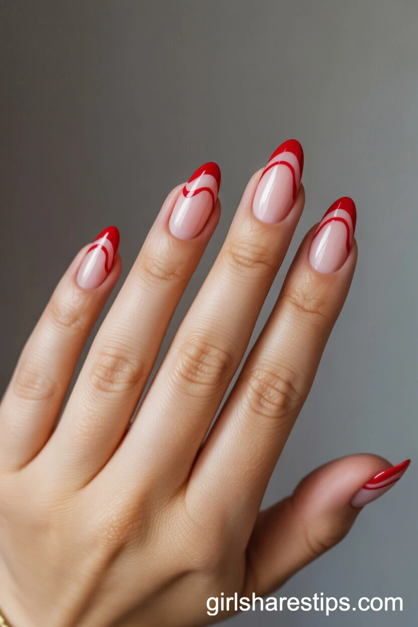 Almond Nails with Creative Wavy Red French Tips