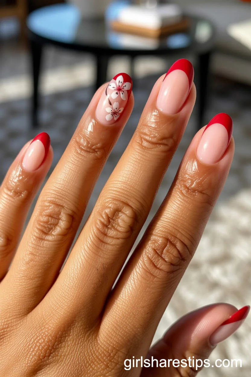 Classic Red French Tips with White Cherry Blossom Accents