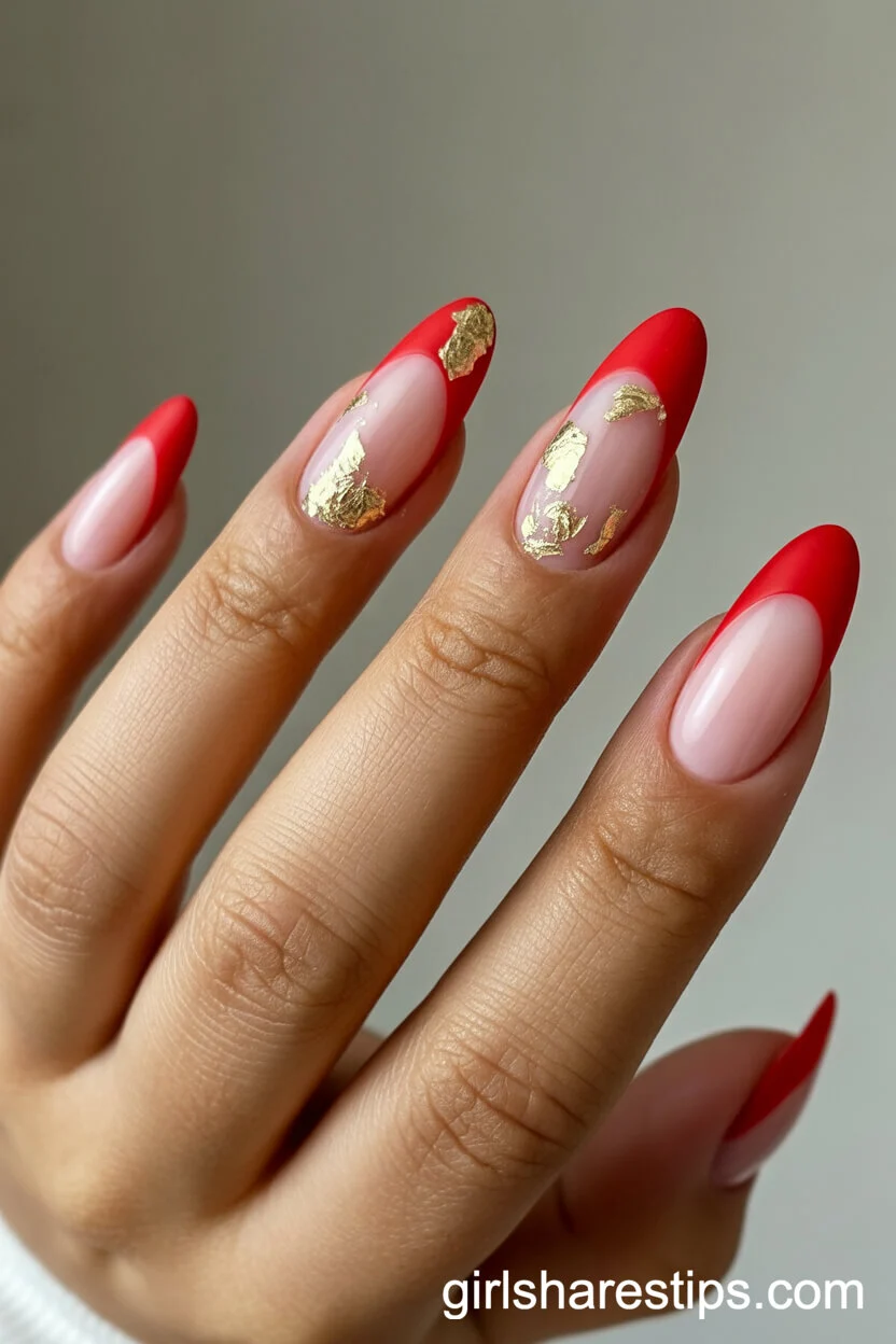 Matte Red French Tips with Gold Foil on Ballerina Nails