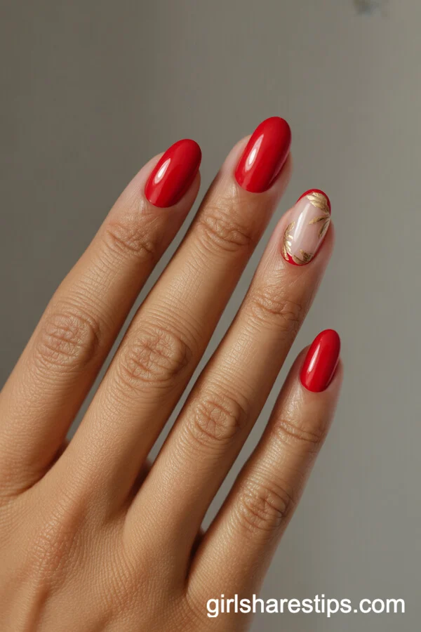 Short Oval Red Nails with Minimalist Gold Floral Art