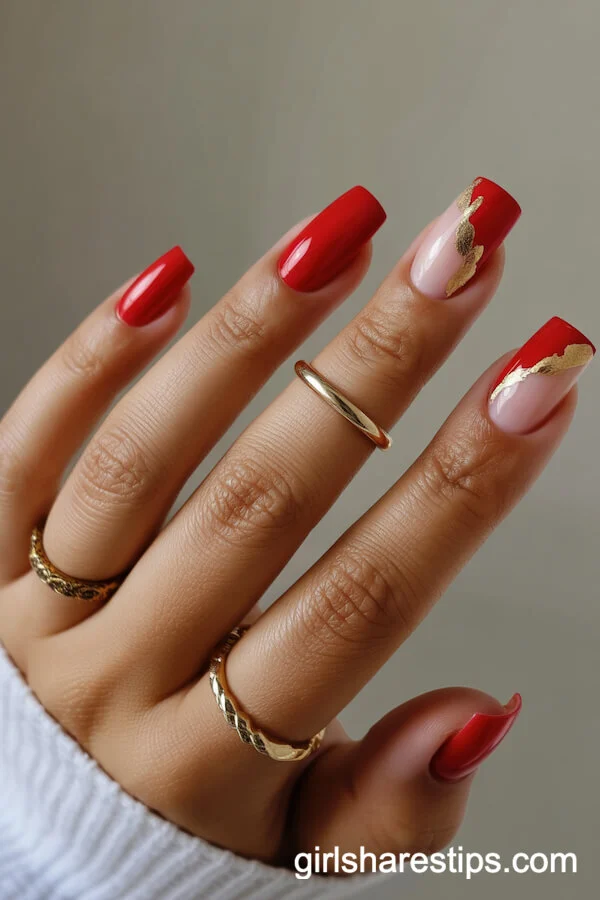 Glossy Red Square Nails with Gold Leaf Accent Fingers