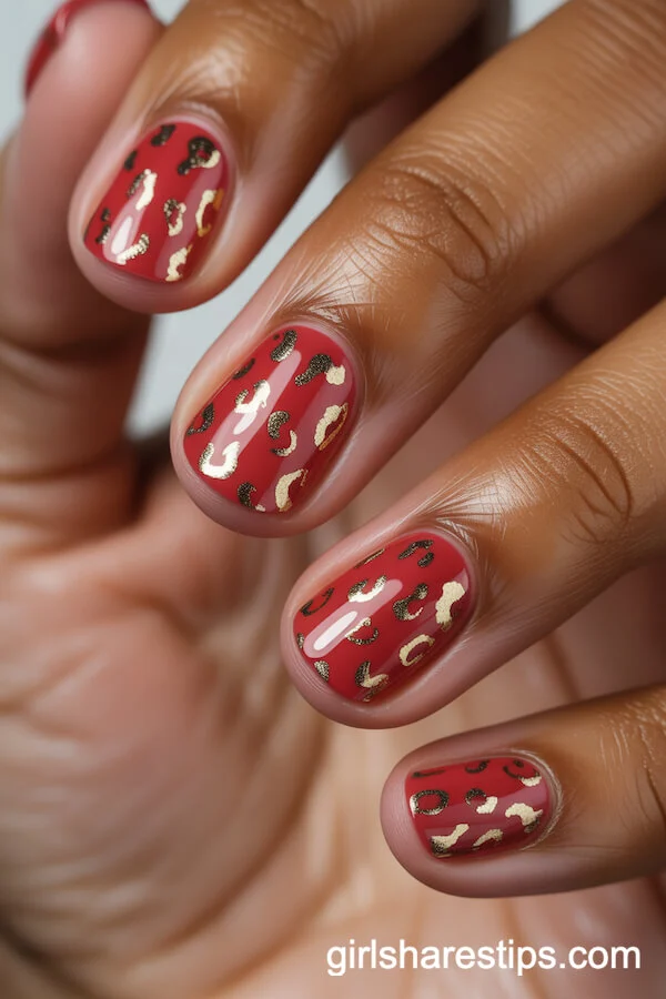 Short Round Red Nails with Gold Leopard Print Details