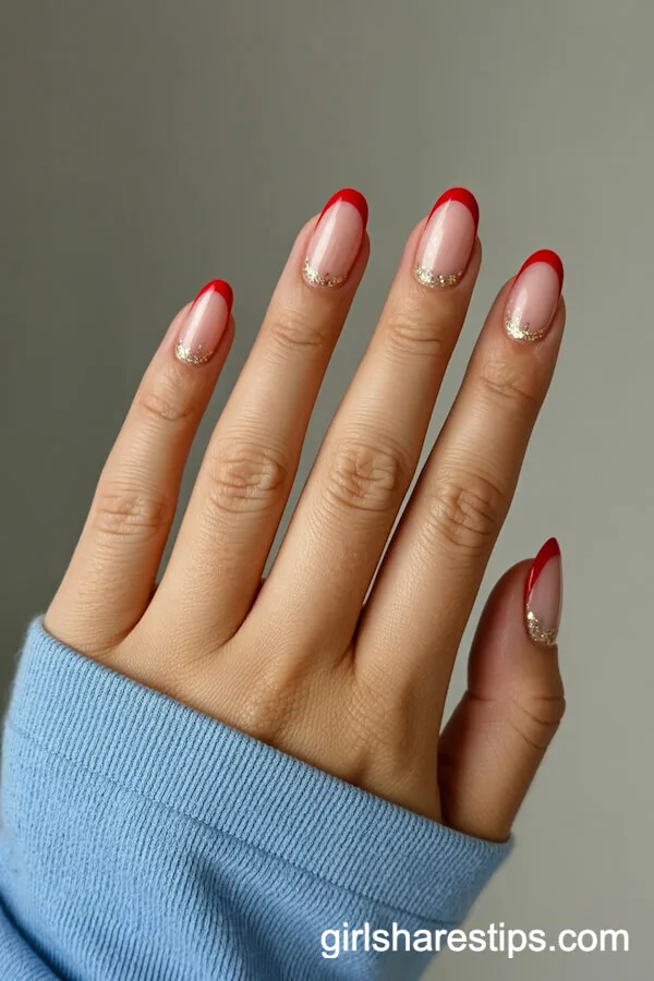 Classic Nails with Red French Tips and Gold Glitter Base