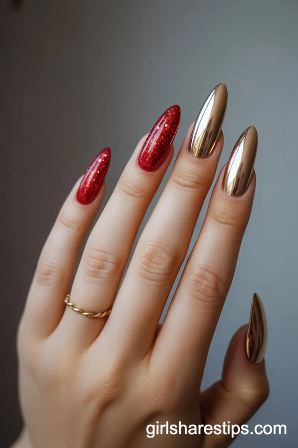 Almond Nails Alternating Red Glitter and Gold Chrome