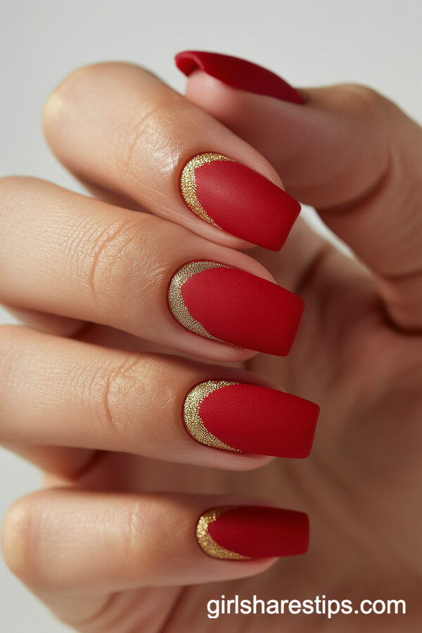 Velvet Matte Red Coffin Nails with Gold Microbead Details